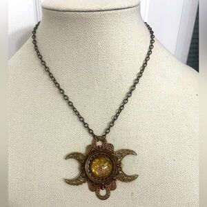 Vintage Goddess of the First Harvest Triple Moon Necklace with Golden Glass Opal